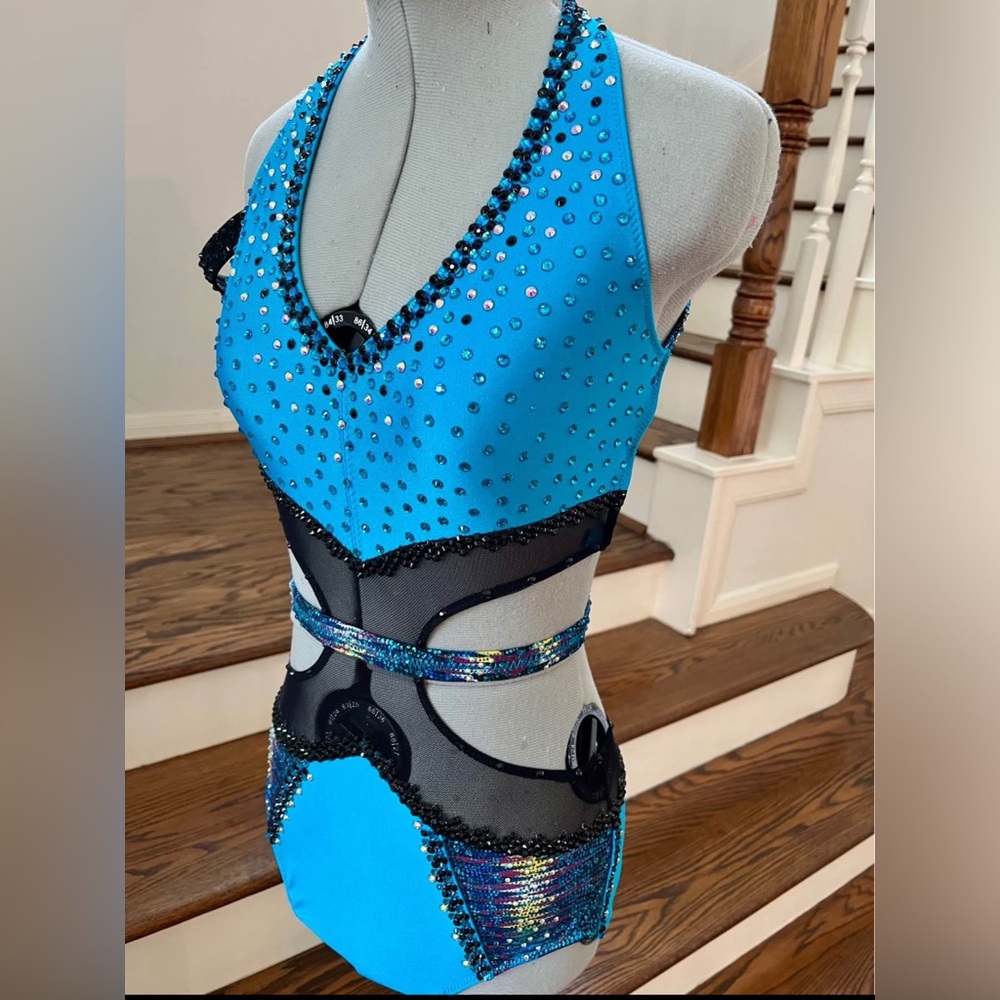 CXL/AXS - Brand New Custom Turquoise & Black One Piece Dance Costume